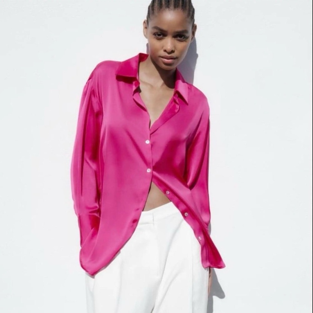 Zara Satin like Mother of Pearl Buttons Shirt in Bright Fuchsia - Women's Top
